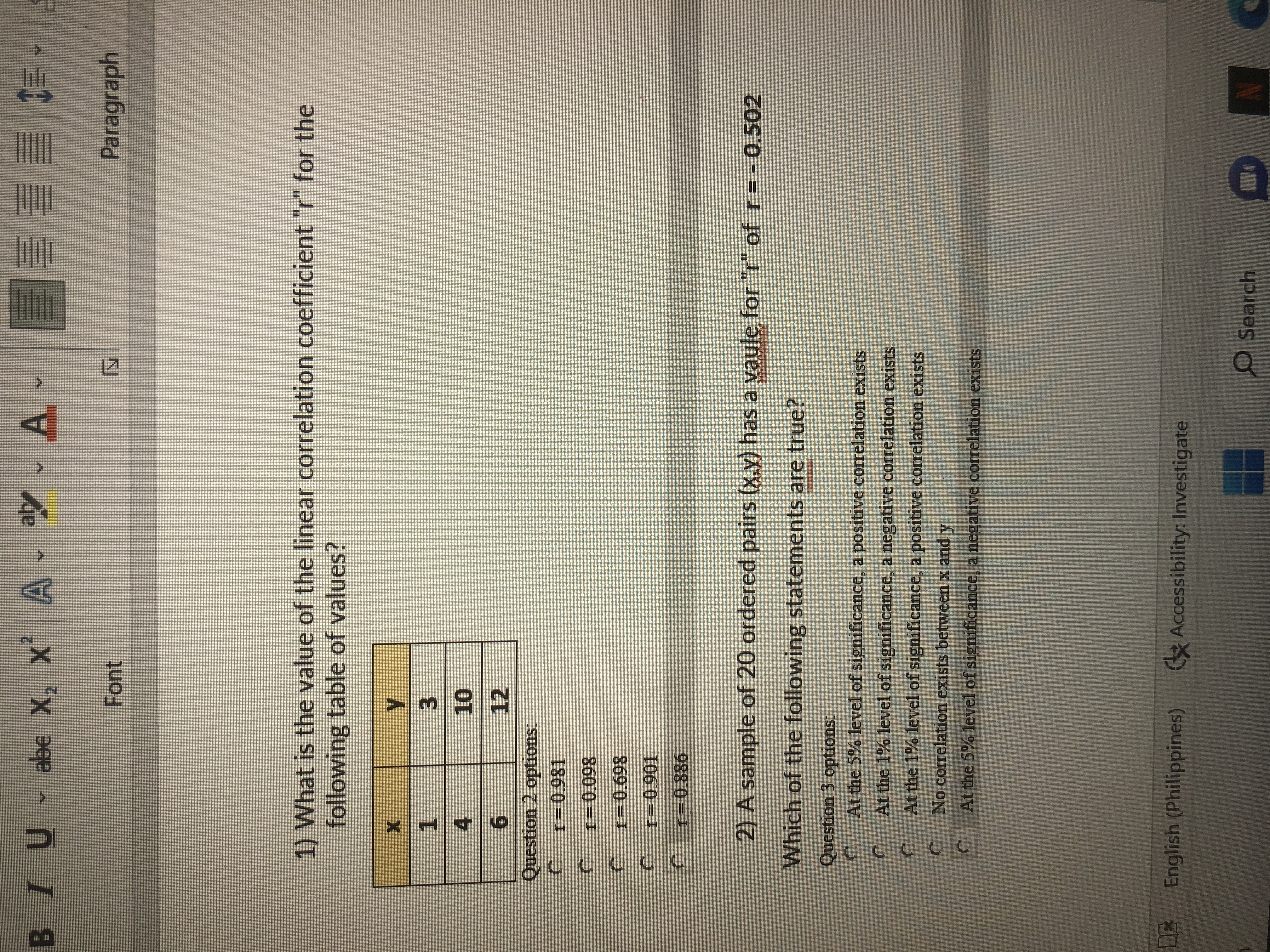 correlation coefficient "r" for the following table of values? 10 6 12