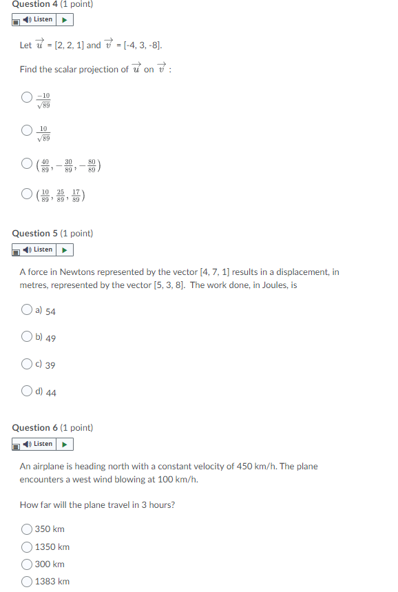 Question 4 Listen Let u = [2, 2, lland t, 3, Find