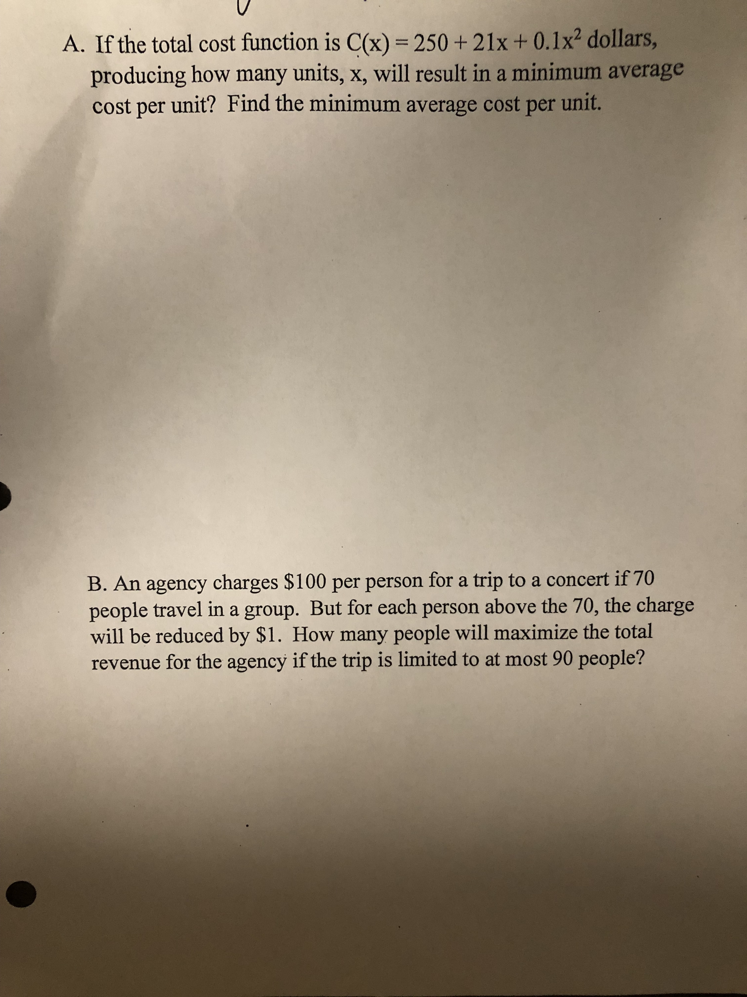 21x + 0.1x2 dollars, producing how many units, x, will result in