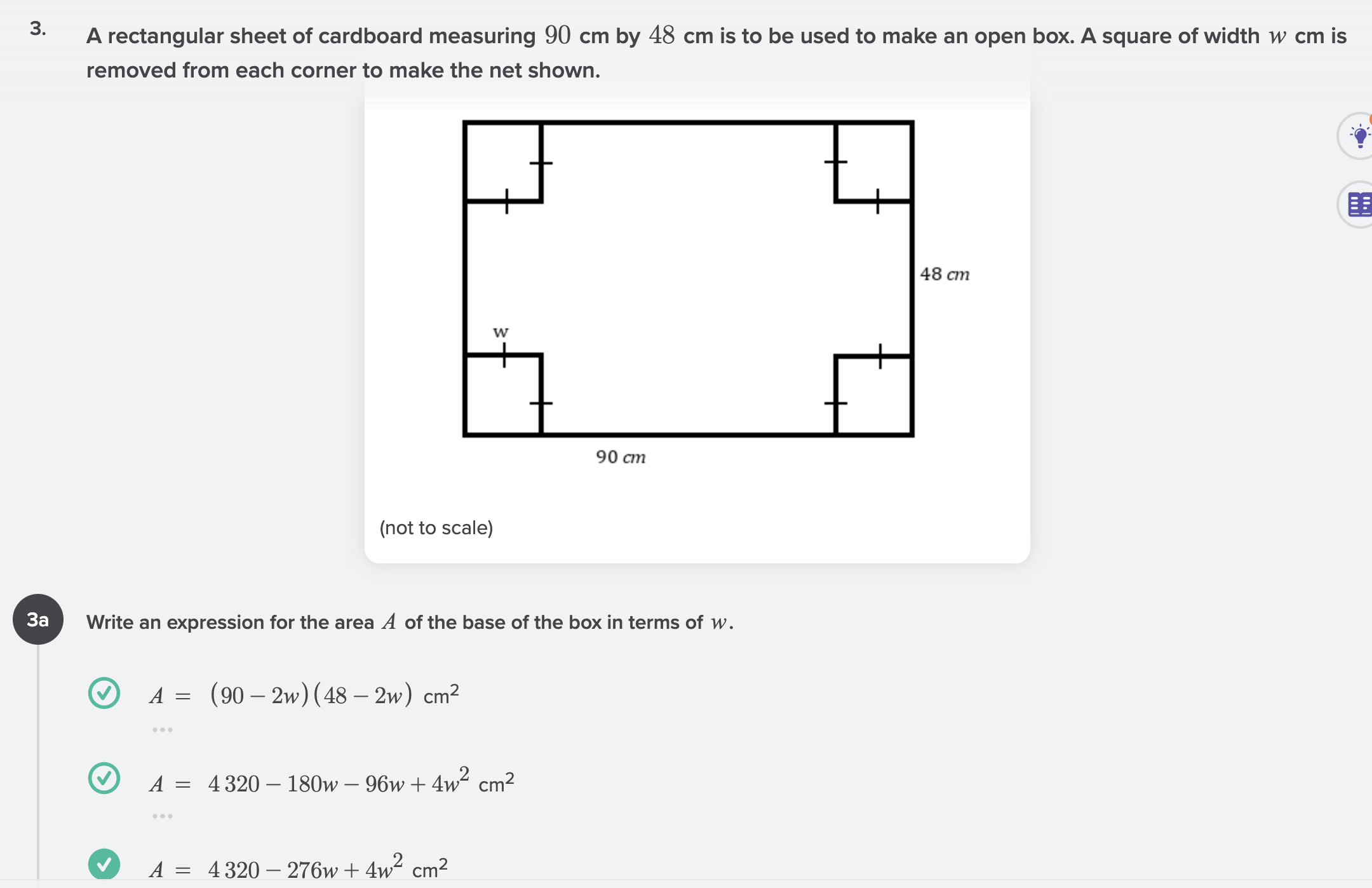 A square of width w cm is removed from each corner to