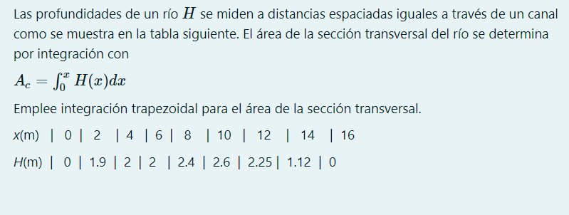 Las profundidades de un rio H se miden a distancias espaciadas iguales