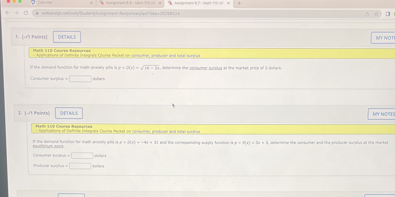 Calendar X VA Assignment 6.6 - Math 110 UP x VA