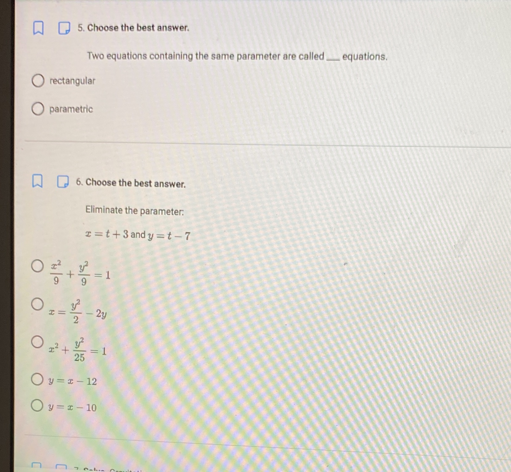 5. Choose the best answer. Two equations containing the same parameter