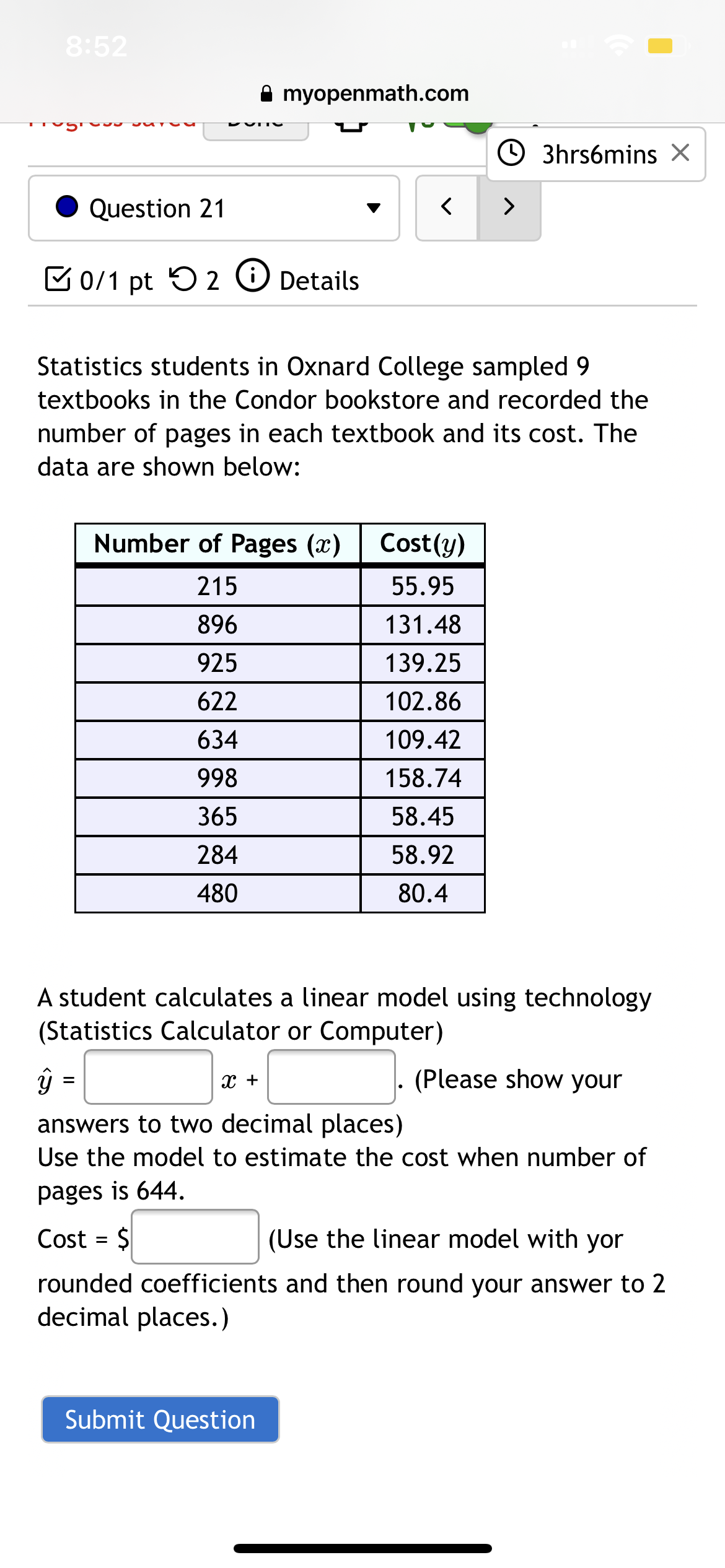 bookstore and recorded the number of pages in each textbook and its