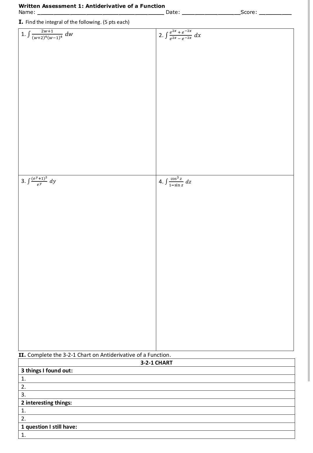 Type the answer here do not write Written Assessment 1: Antiderivative of
