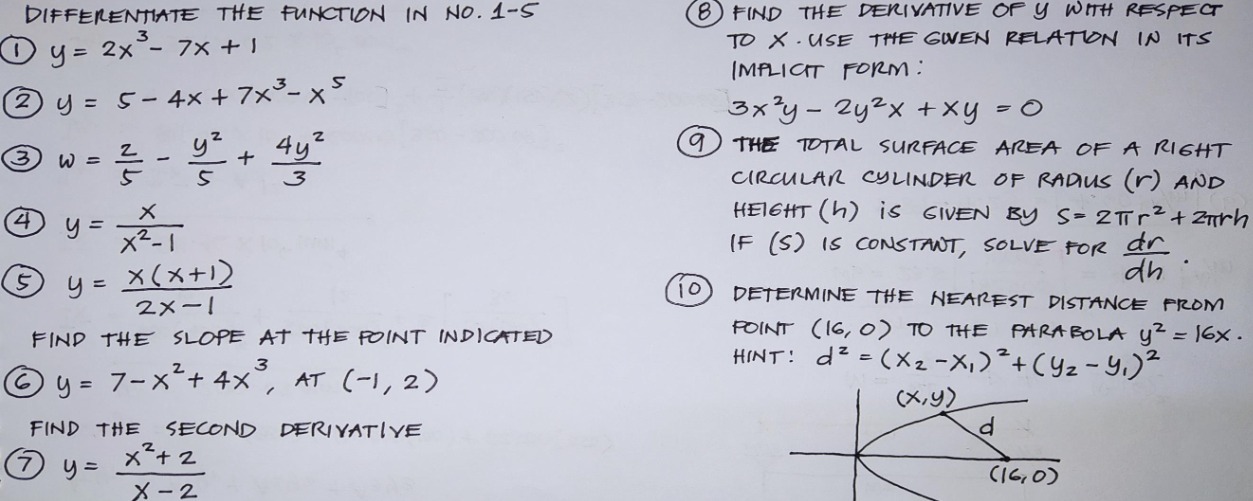  DIFFERENTIATE THE FUNCTION IN NO. 1-5 8) FIND THE DERIVATIVE OF