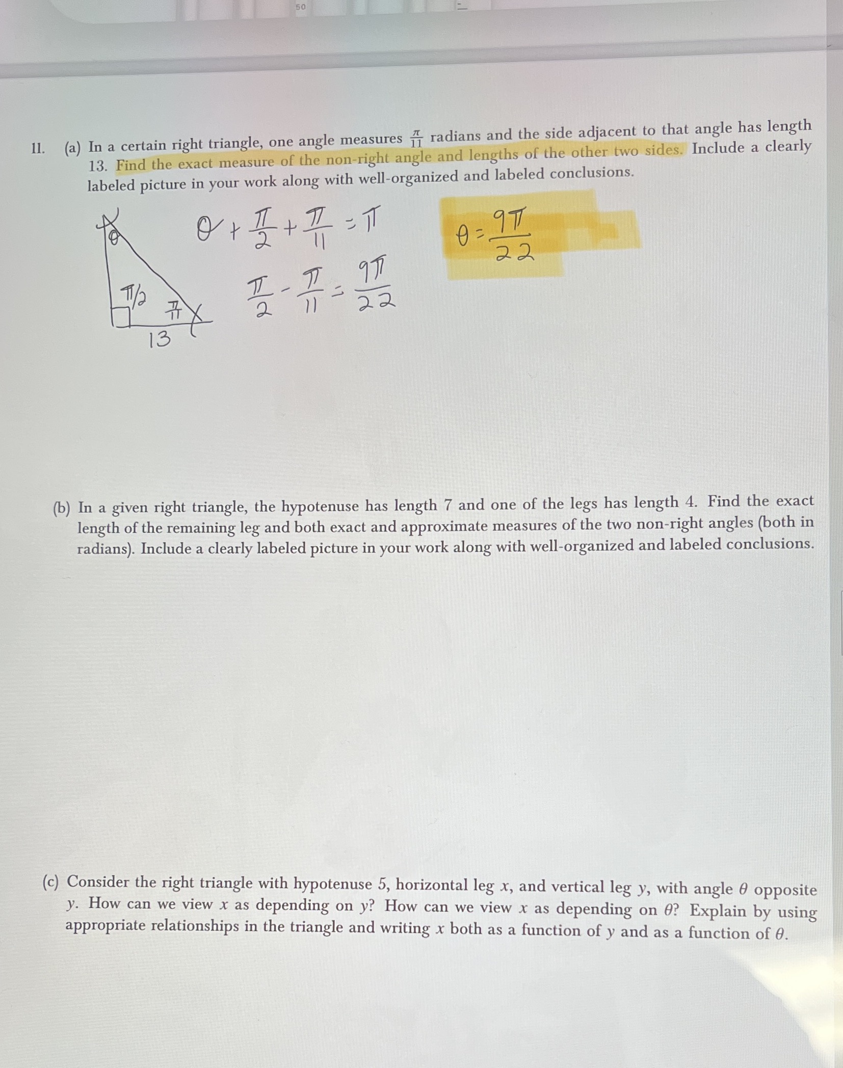  11. (a) In a certain right triangle, one angle measures "