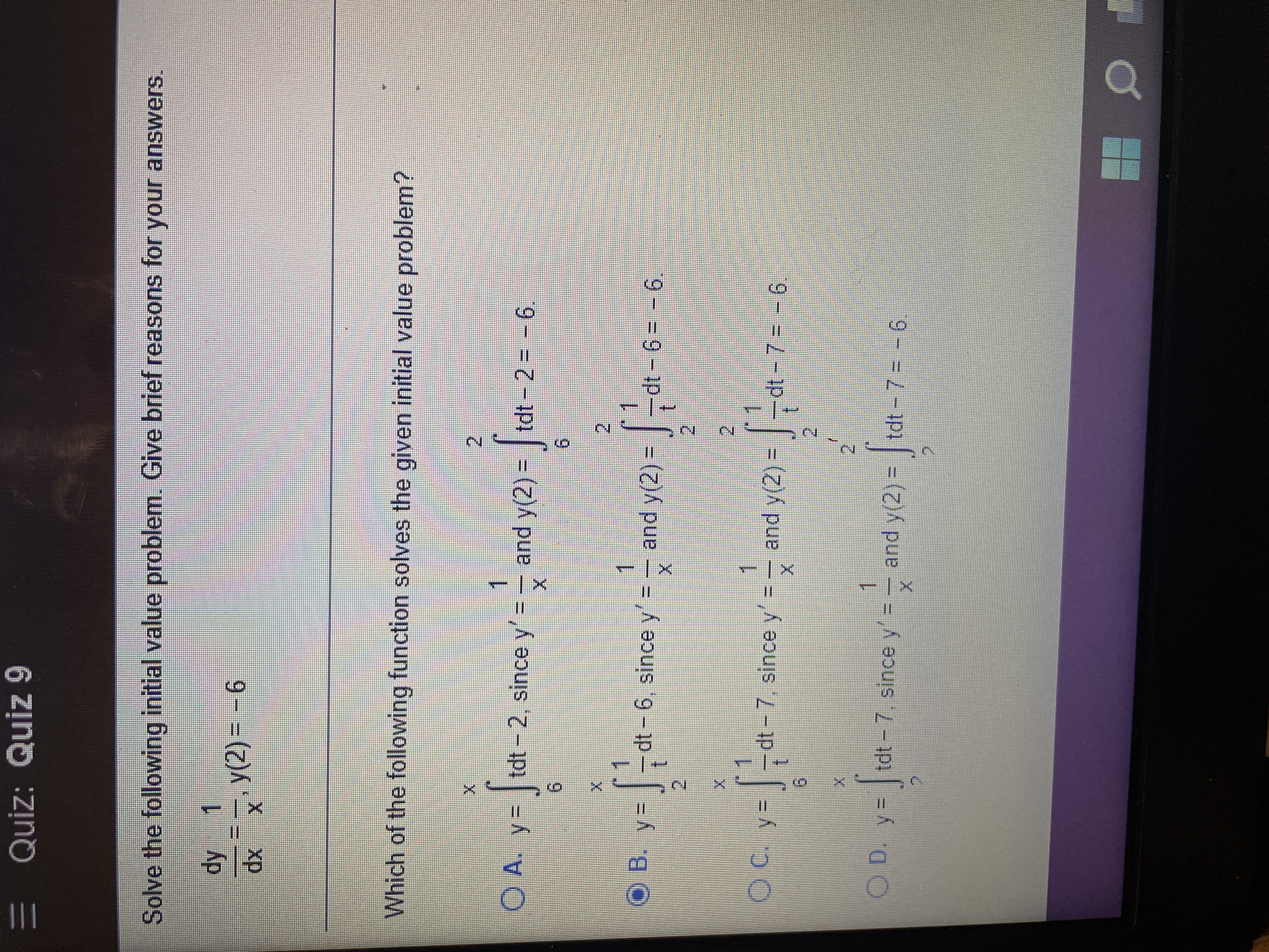 What function solves the given initial value problem? = Quiz: Quiz 9
