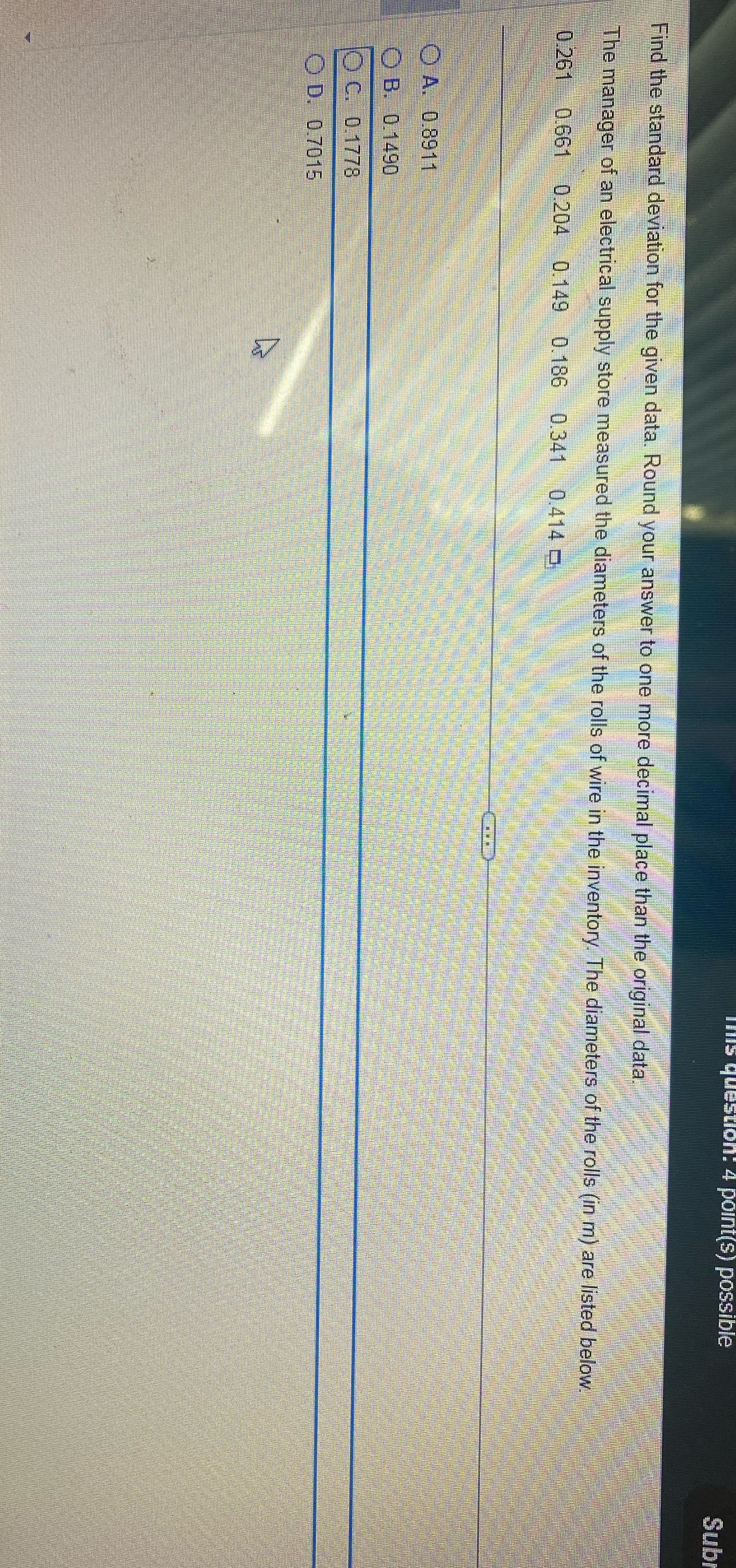  n: 4 point(s) possible Sub Find the standard deviation for the