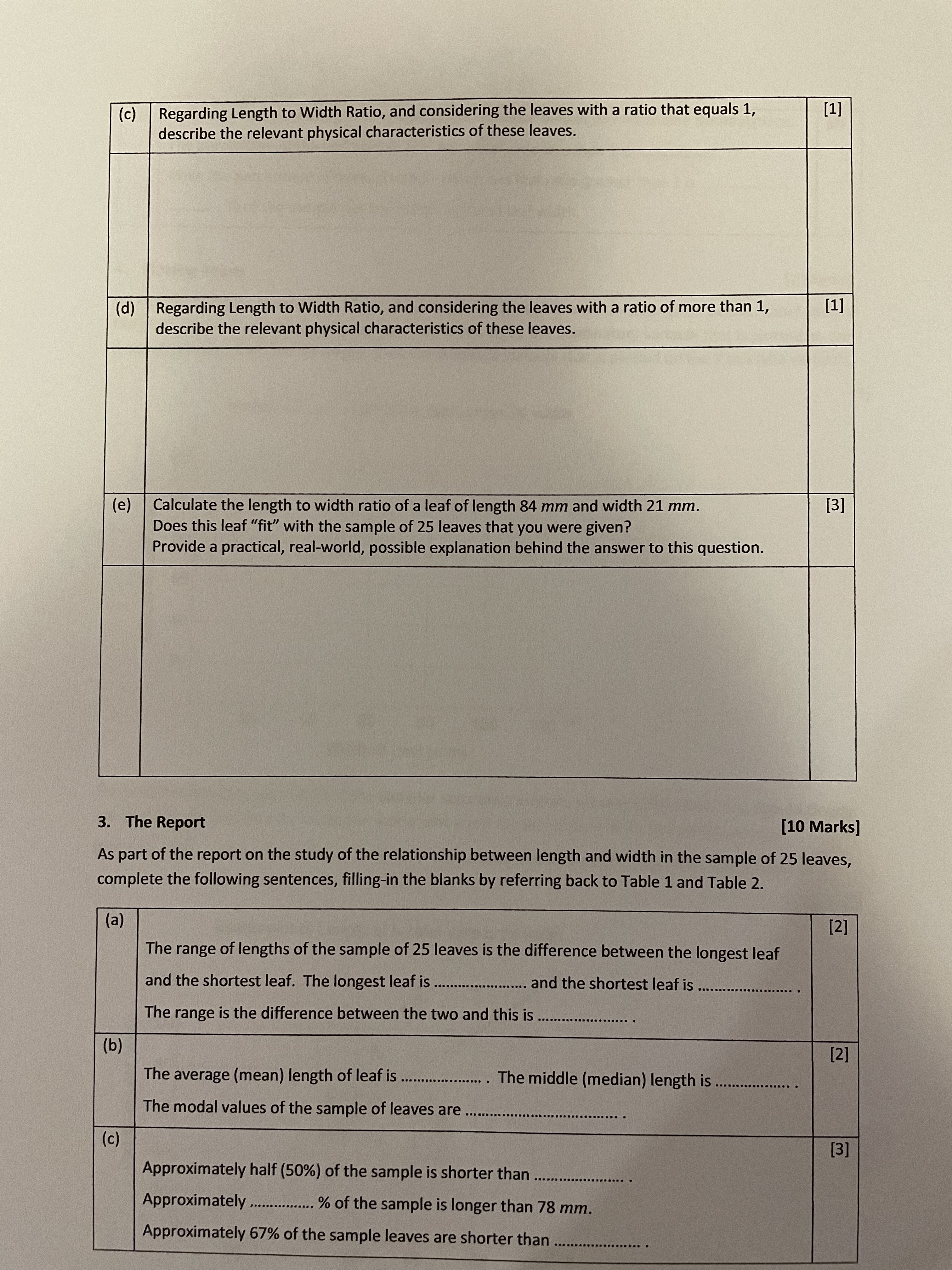 [37 Marks] A random sample of 25 leaves from an ivy plant