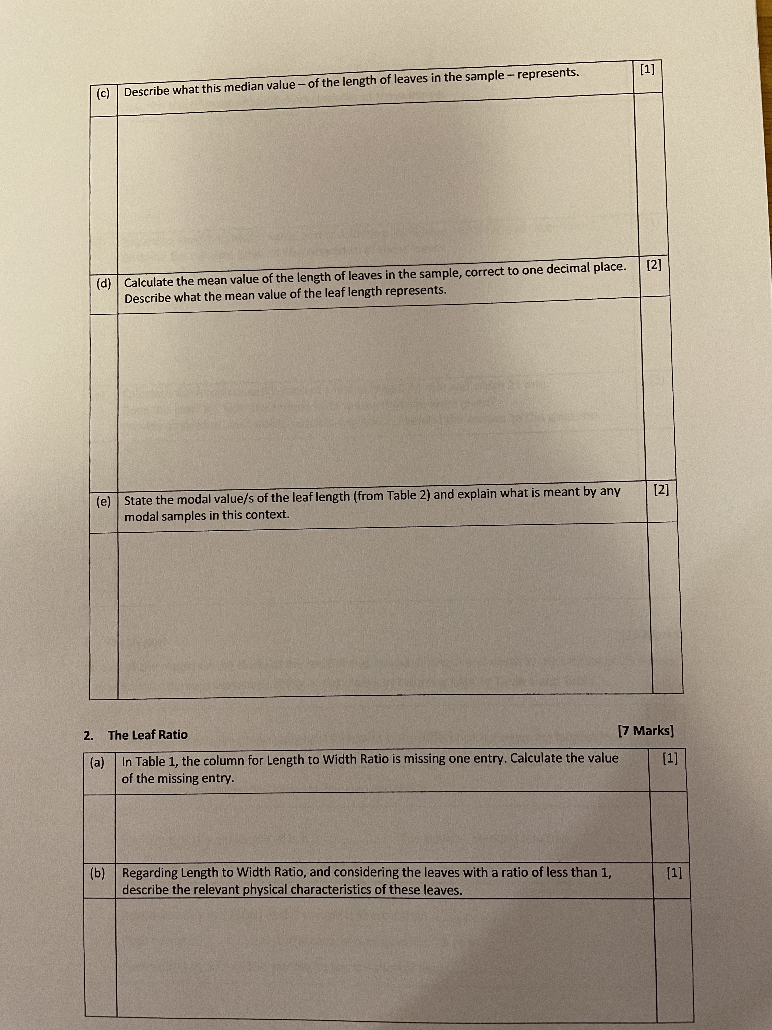 leaf, the ratio of length to width is recorded in the 4th