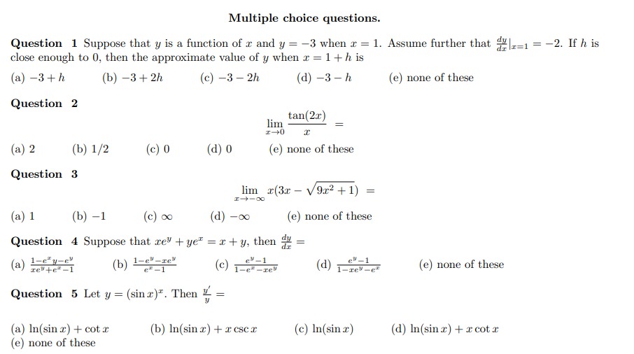 Multiple choice questions. Question 1 Suppose that y is a function