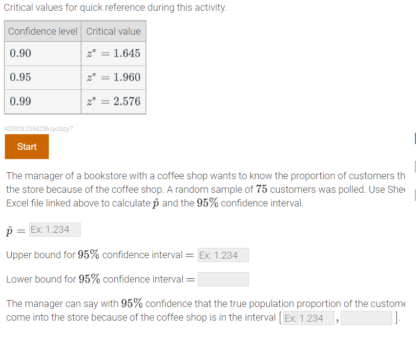  Critical values for quick reference during this activity; Condence level Critical