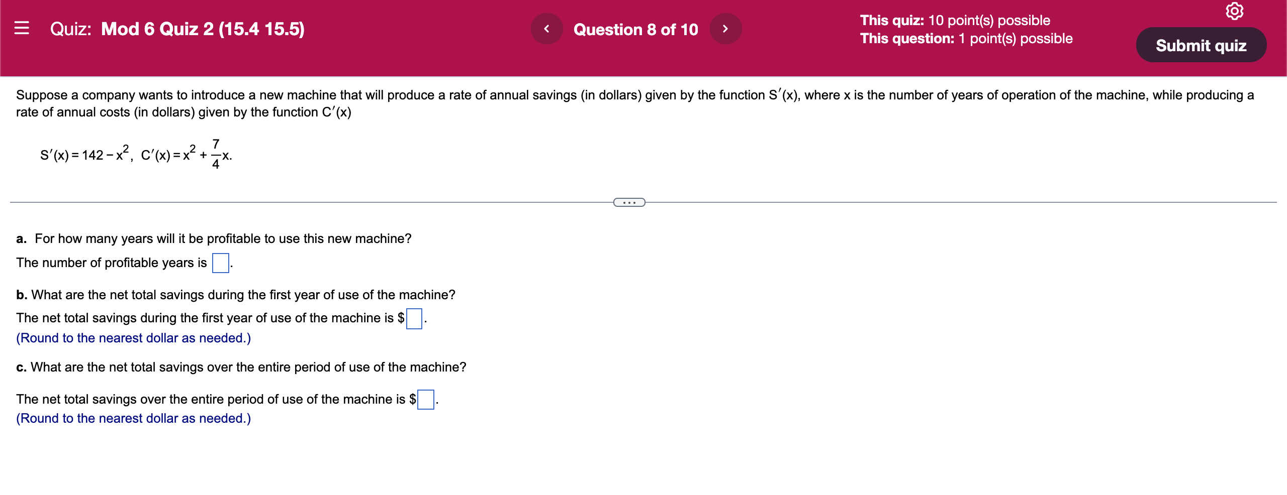 point(s) possible Quiz: Mod 6 Quiz 2 (15.4 15.5) Question 8 of