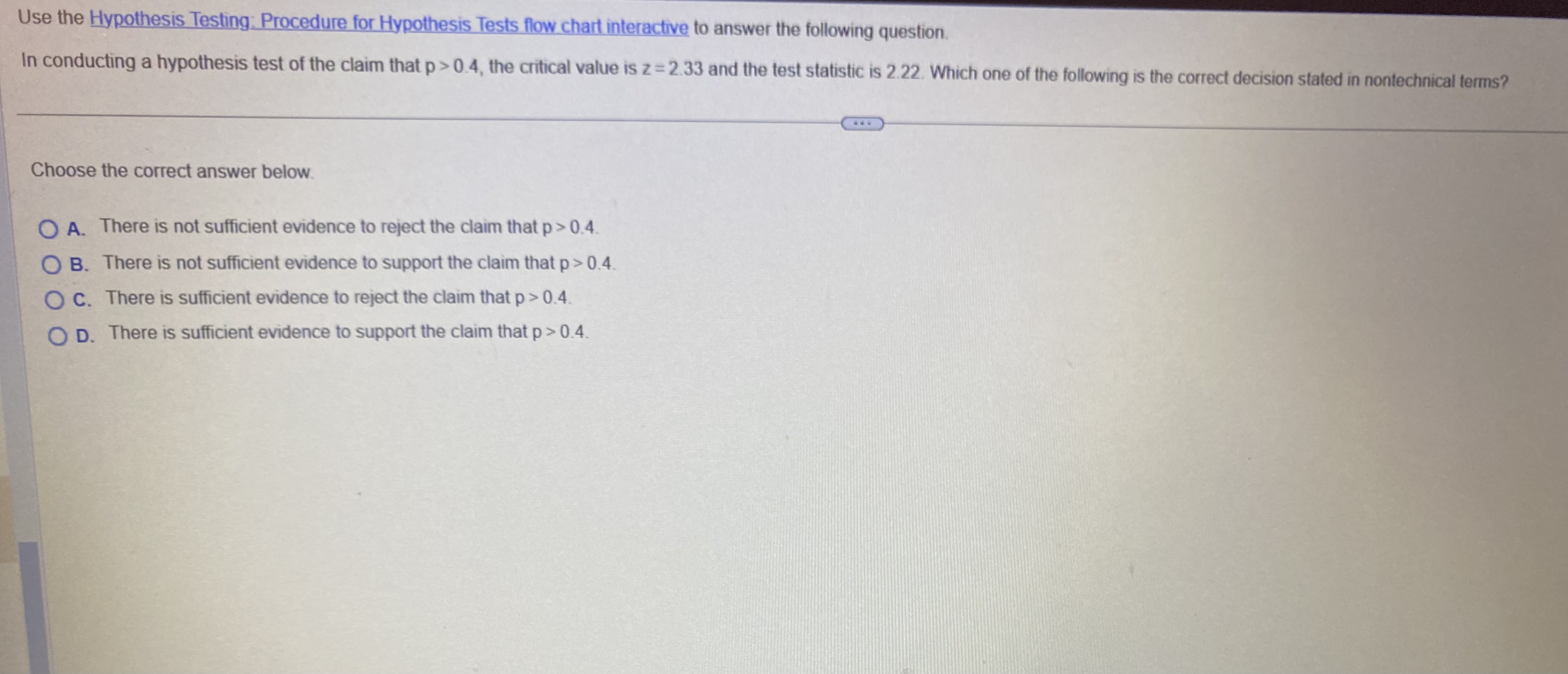 of the claim that p > 0.4, the critical value is z