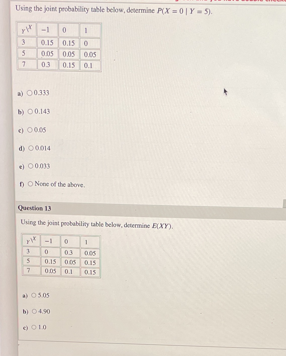 12,13 Using the joint probability table below, determine P(X = 0 |