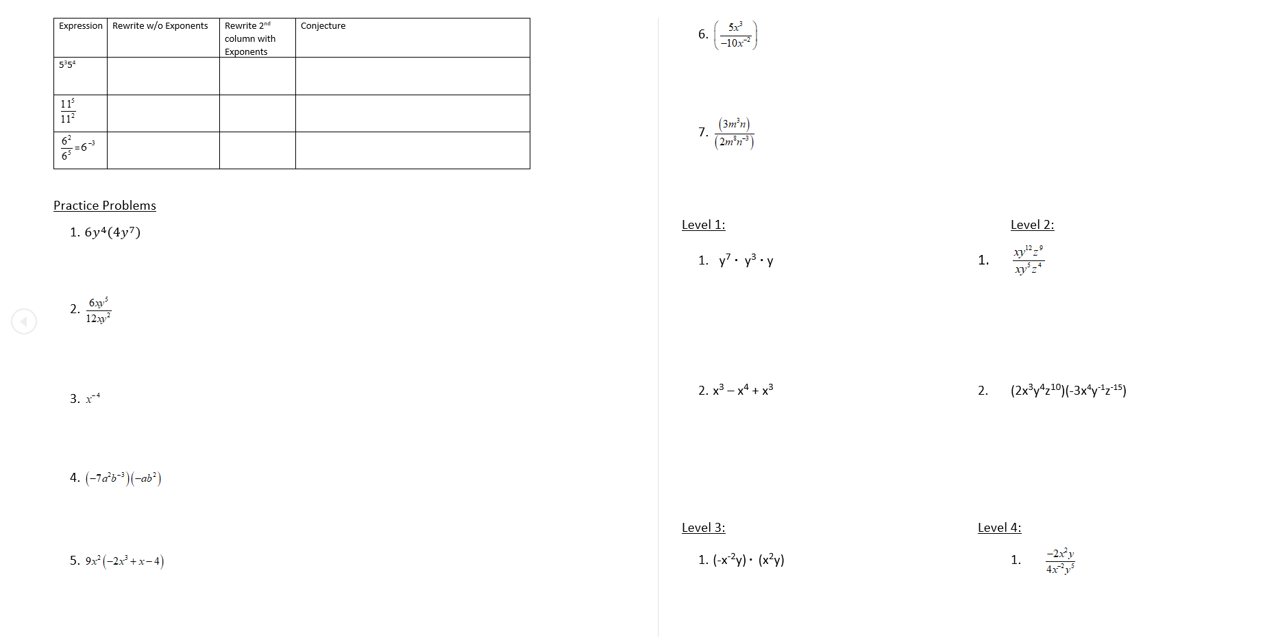 - y 1. 2. 12x1/2 3. x-4 2. x3 - x4 +