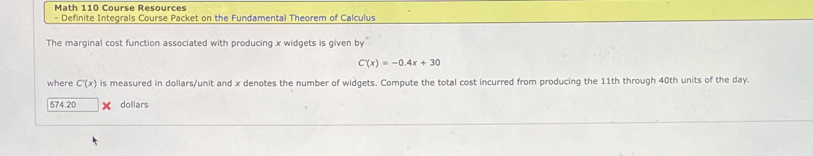 Math 110 Course Resources - Definite Integrals Course Packet on the