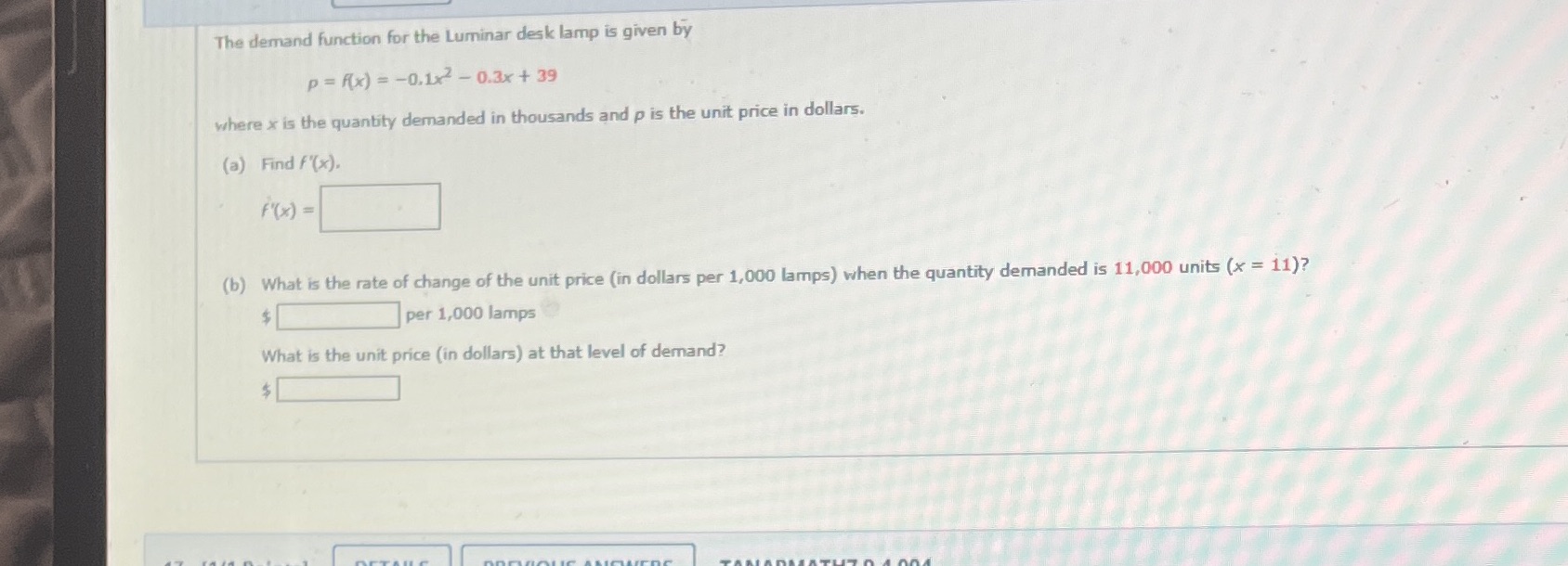 The demand function for the Luminar desk lamp is given by