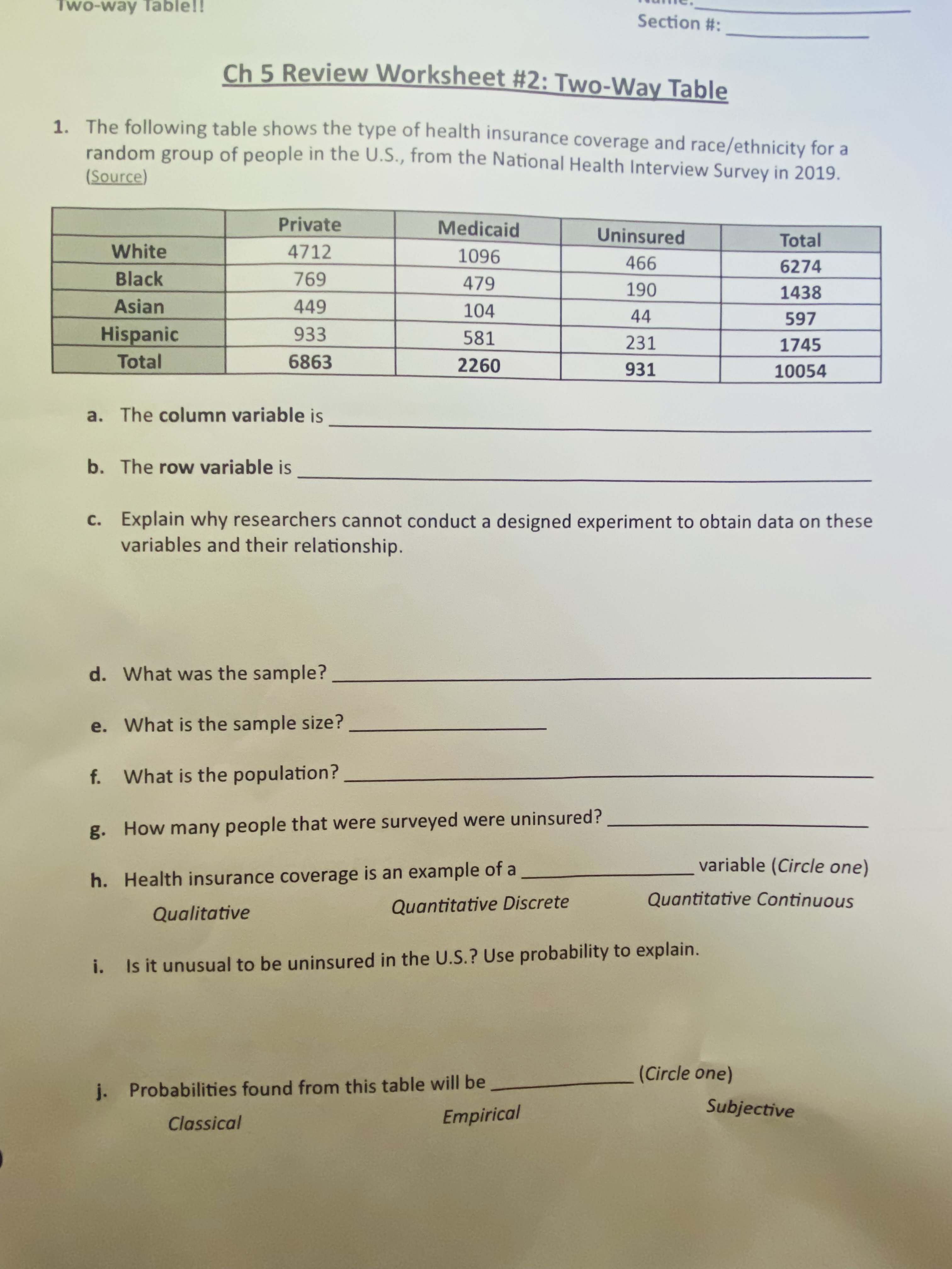  Two-way Table!! Section #: Ch 5 Review Worksheet #2: Two-Way Table