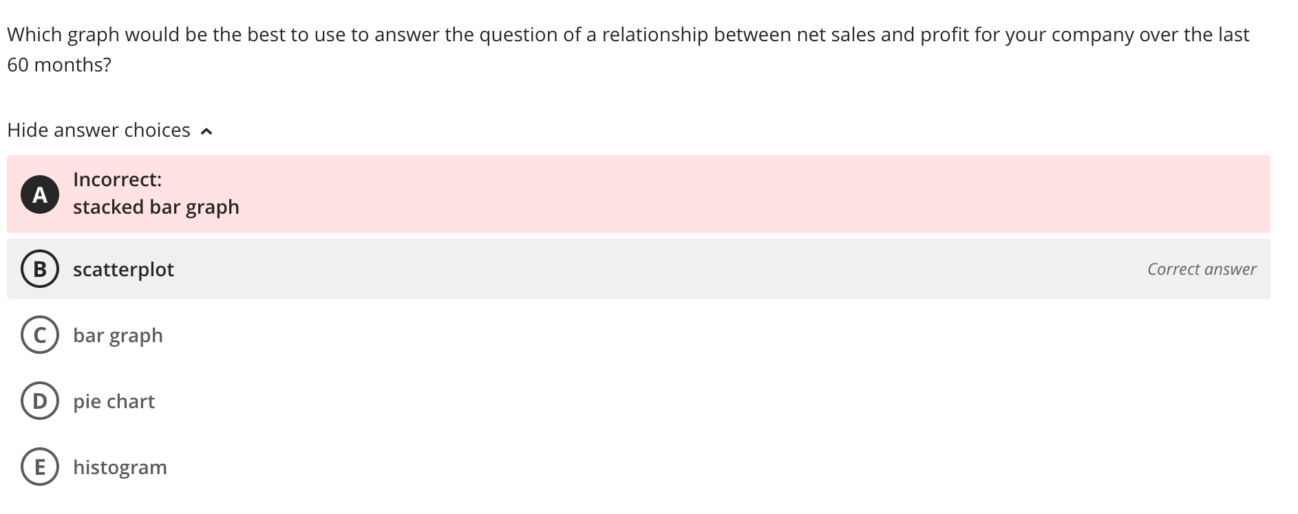 scatterplot Correct answer bar graph pie chart histogram @@O A researcher measures