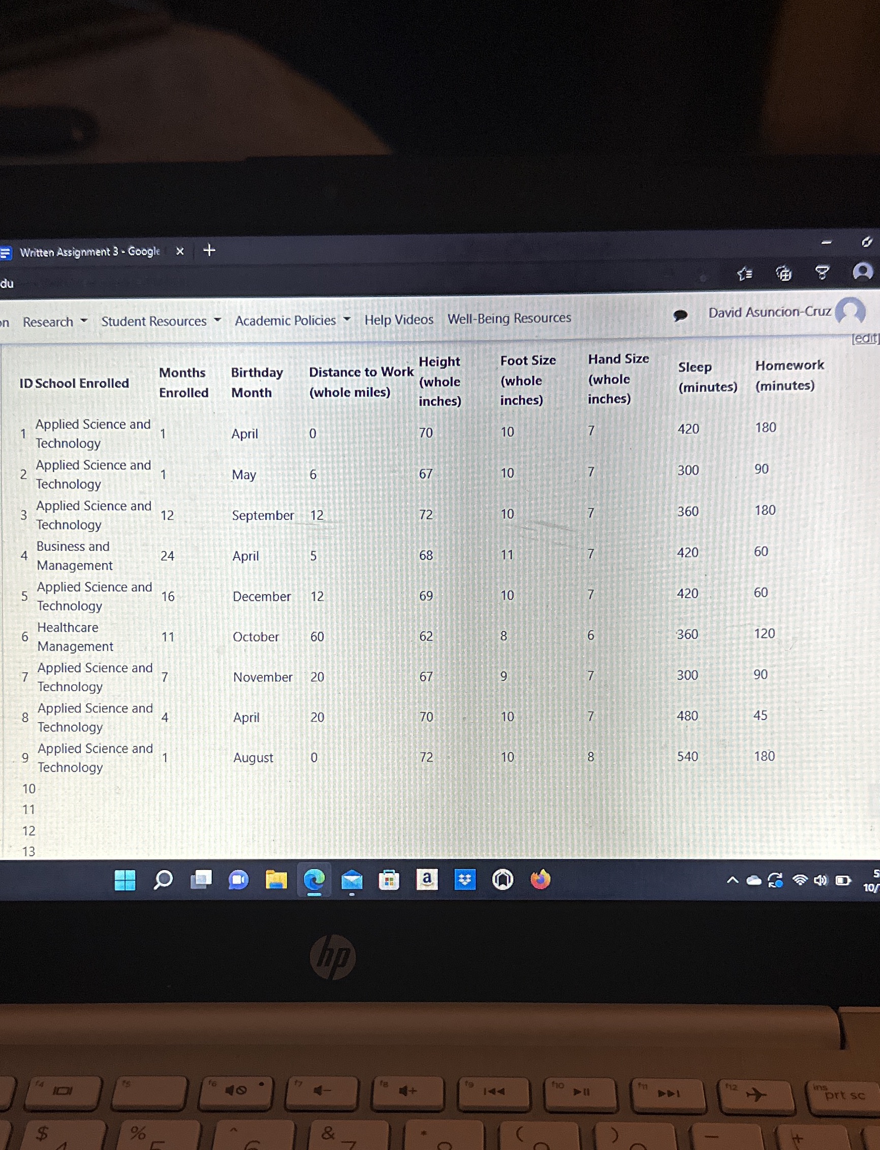 Using the results in the Student Data Table, determine the following probabilities