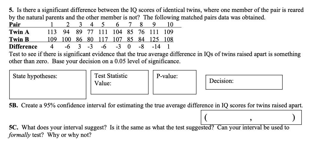 5. Is there a significant difference between the IQ scores of