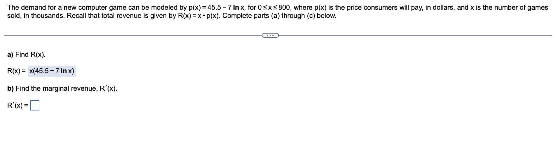 p(x) =45.5 7 In x, for 05x5 800, where p(x) is the