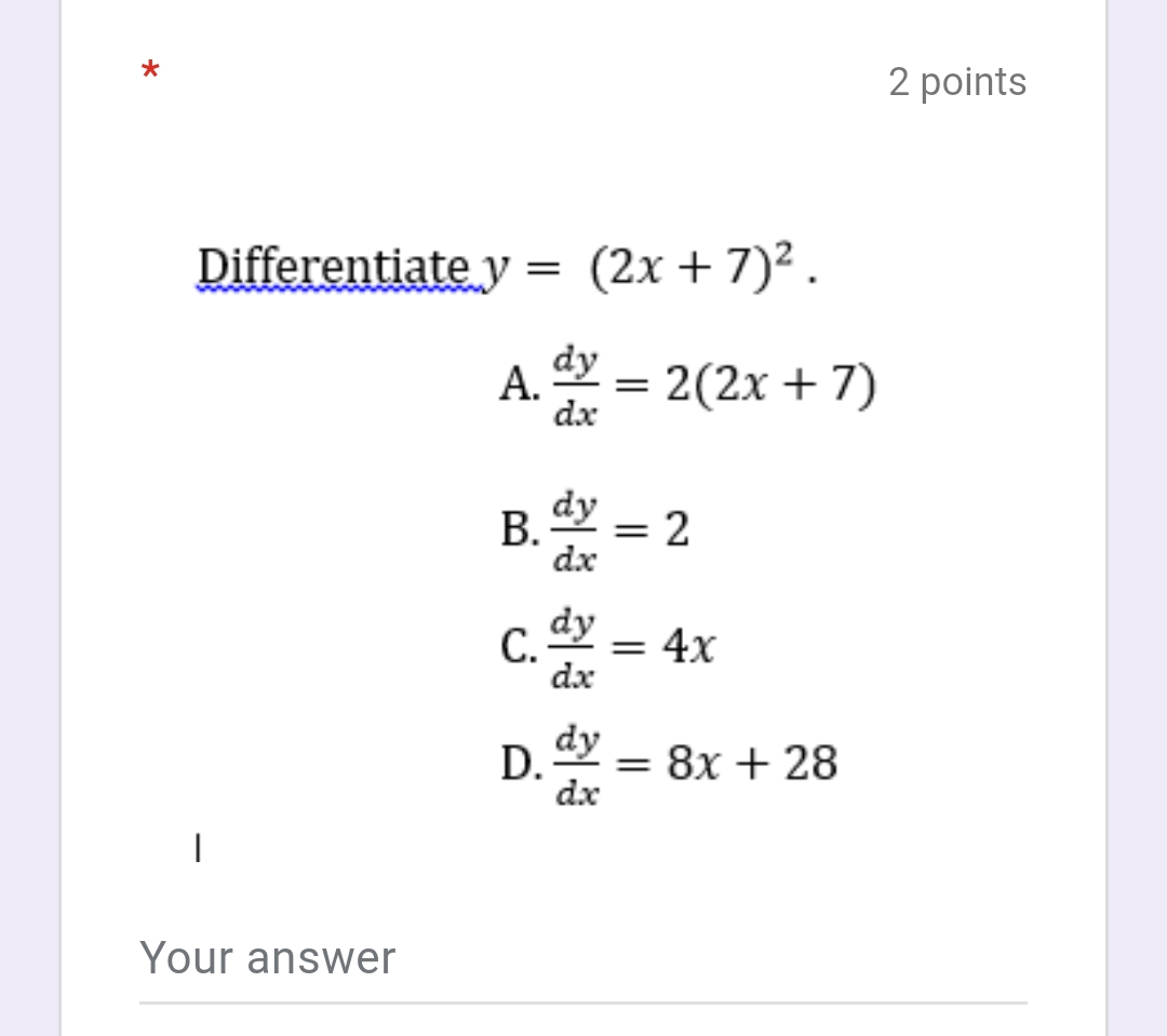 cos(x) c. f'(x) = 2 sin (x) D. f '(x) = cos(x)