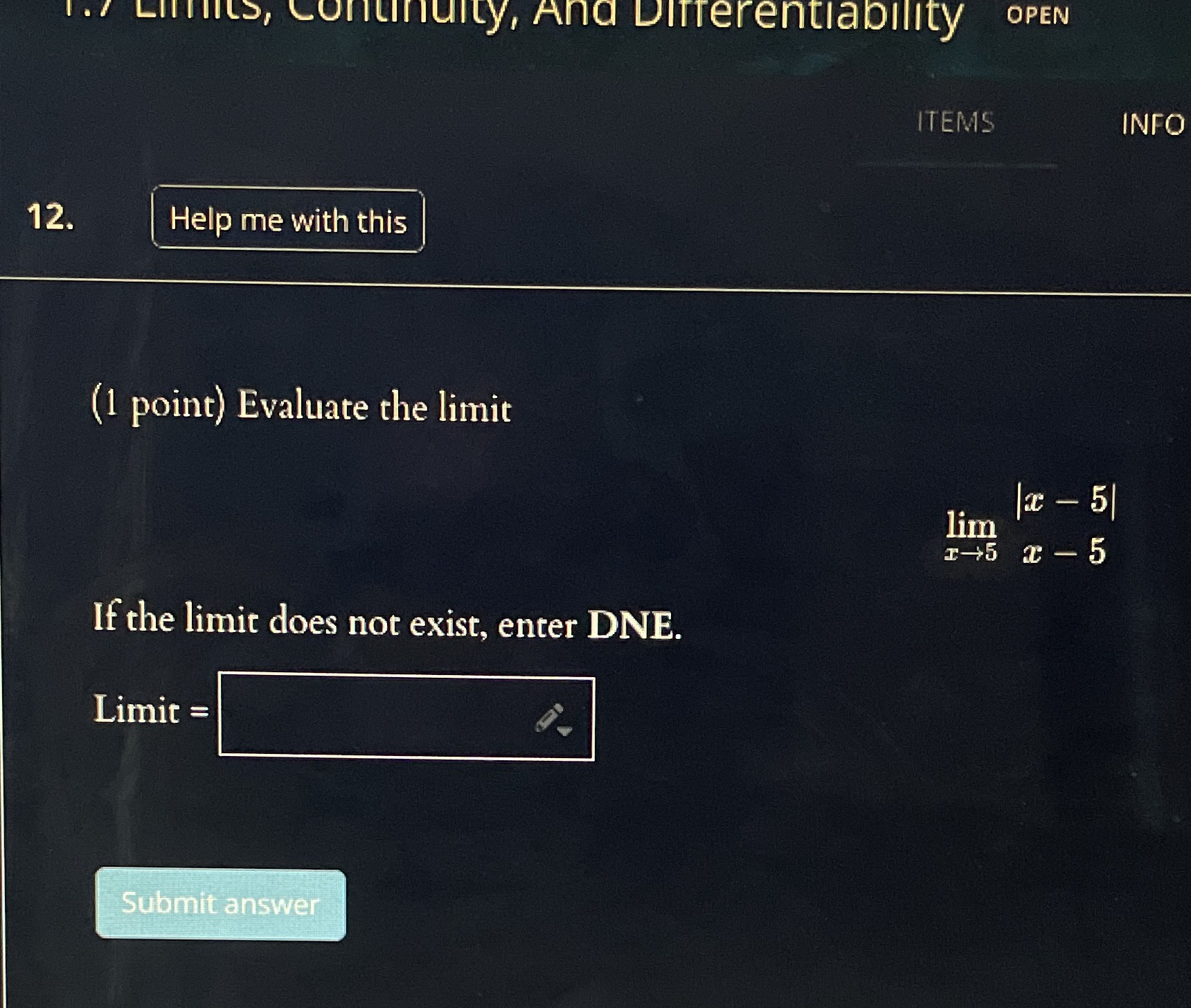 1. / LilTiltS, Continuity, And Differentiability OPEN ITEMS INFO 12. Help