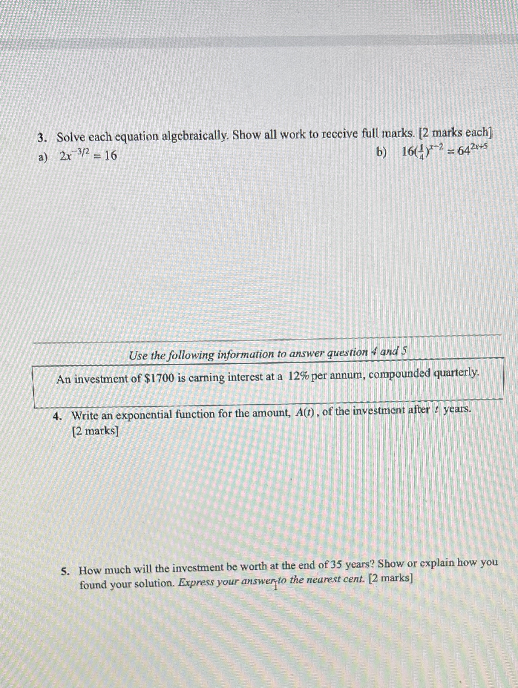  3. Solve each equation algebraically. Show all work to receive full