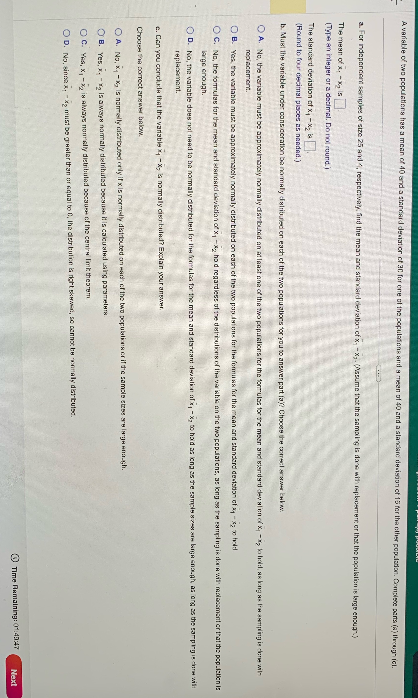 Please answer all A variable of two populations has a mean of