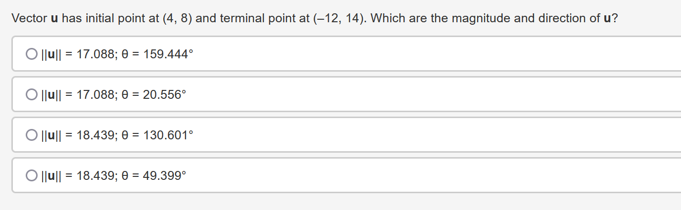 at (12, 14). Which are the magnitude and direction of u