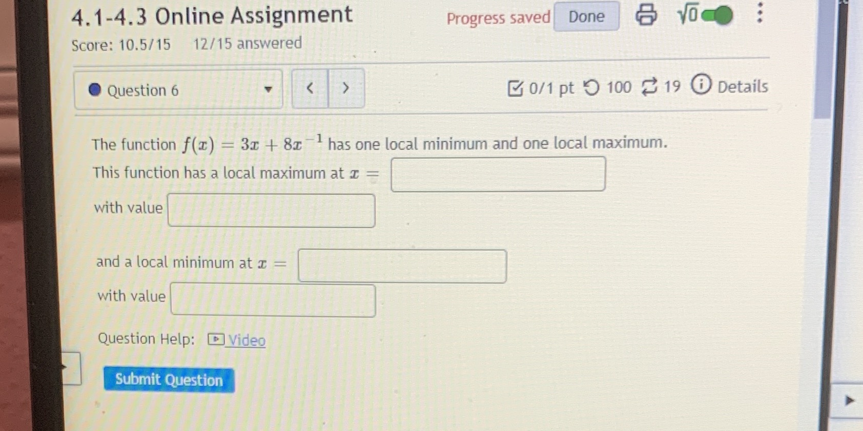  4.1-4.3 Online Assignment Progress saved Done 8 VOO : Score: 10.5/15