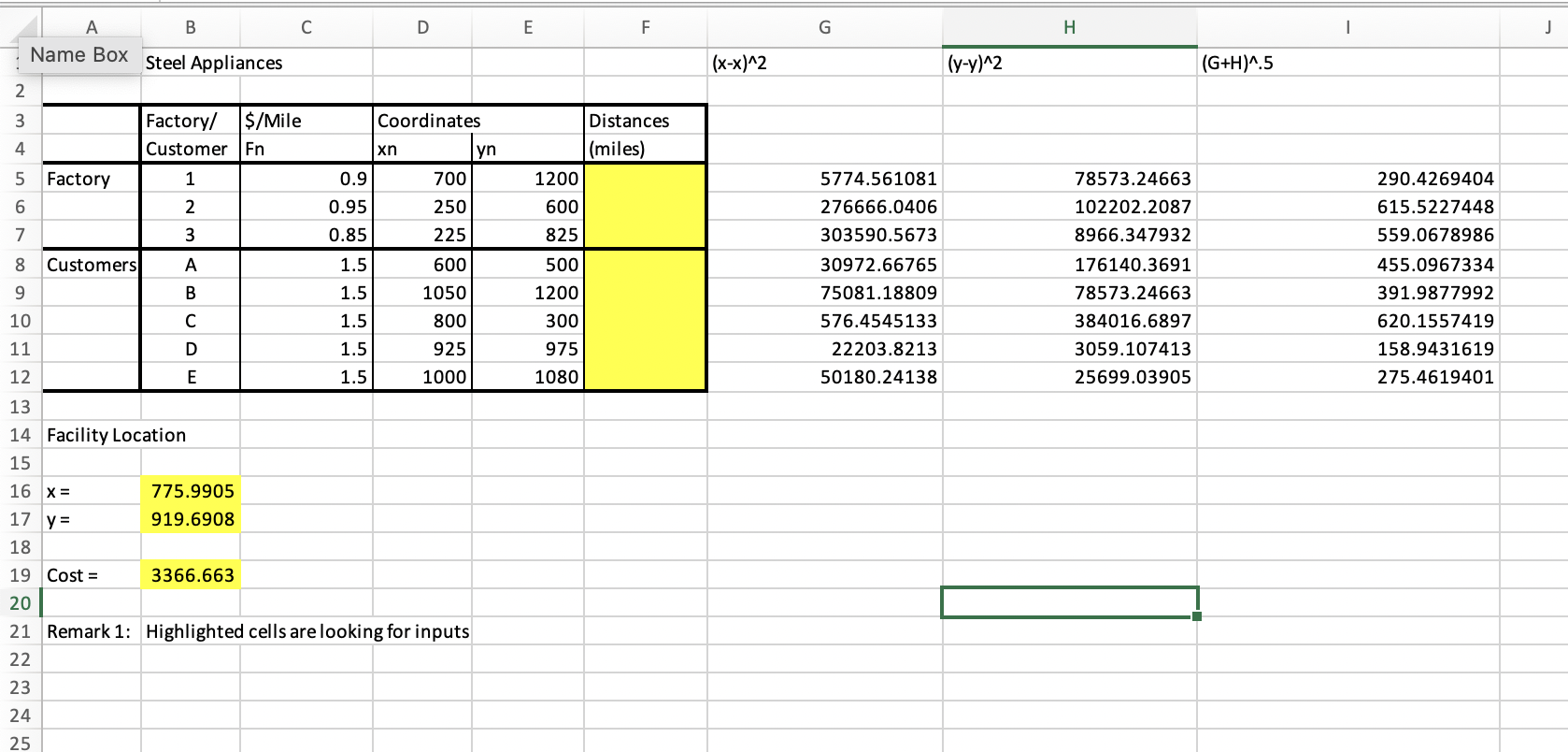 Appliances ( x-x) 12 (y-y) 12 (G+H)^.5 N W Factory/ $/Mile Coordinates