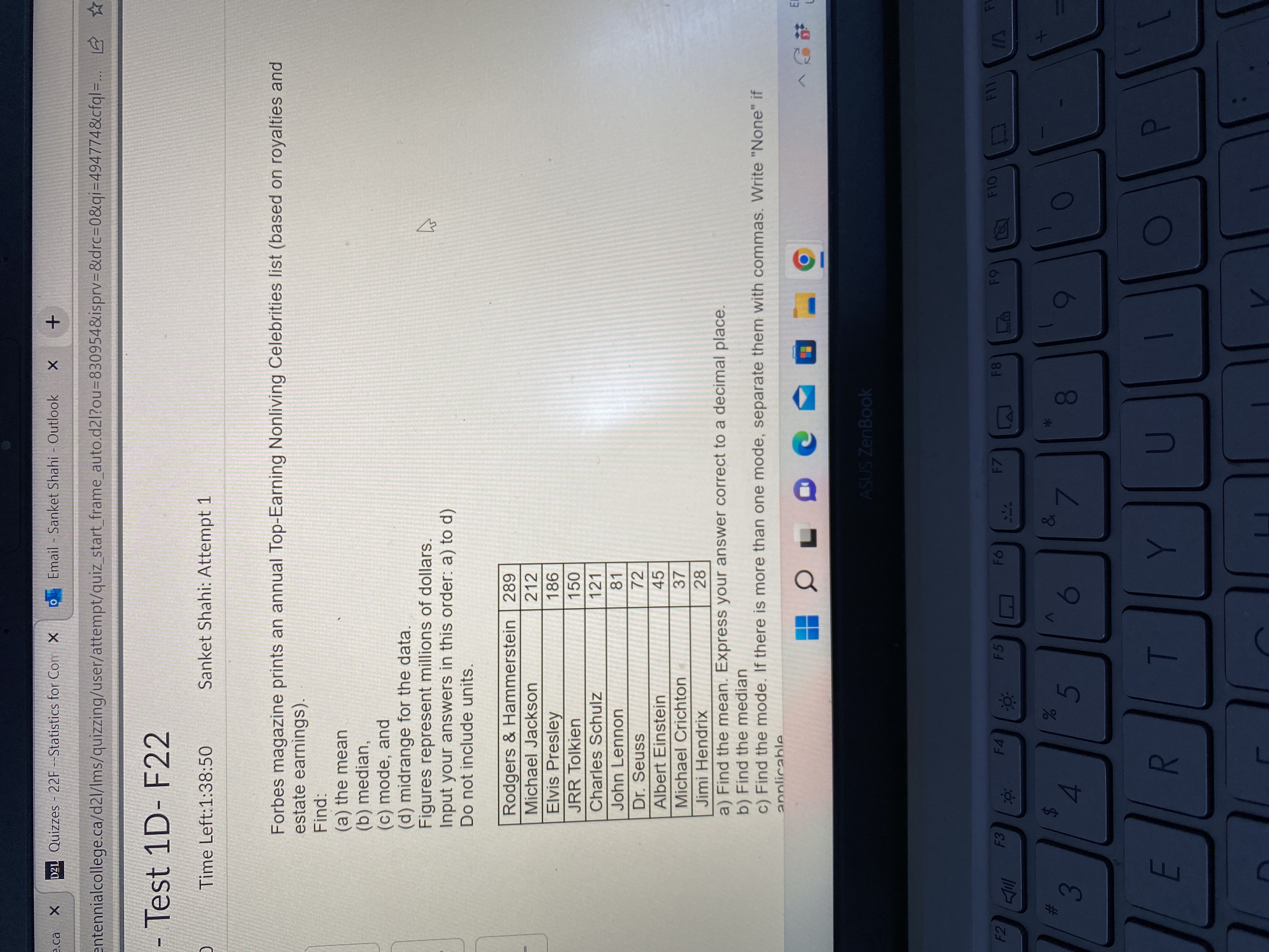 .ca X D2L Quizzes - 22F --Statistics for Com x Email
