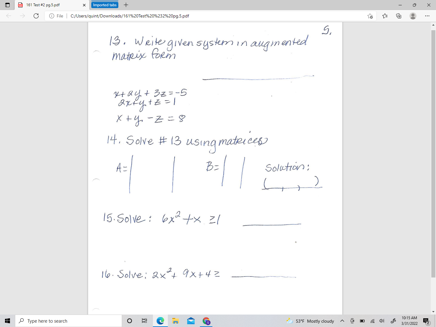 C:/Users/quint/Downloads/161%20Test%20%232%20pg.4.pdf X ... 11. f (x ) = - 3x - x+5