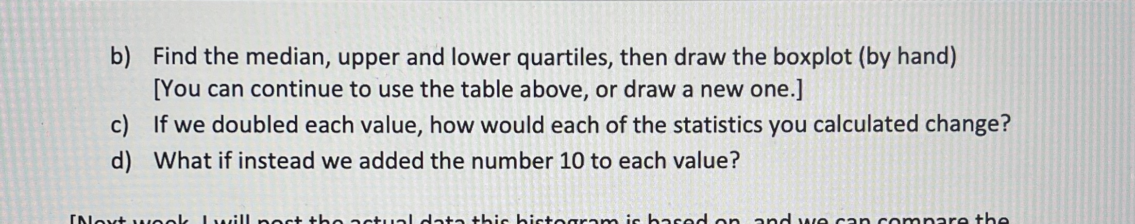 boxplot (by hand) [You can continue to use the table above, or