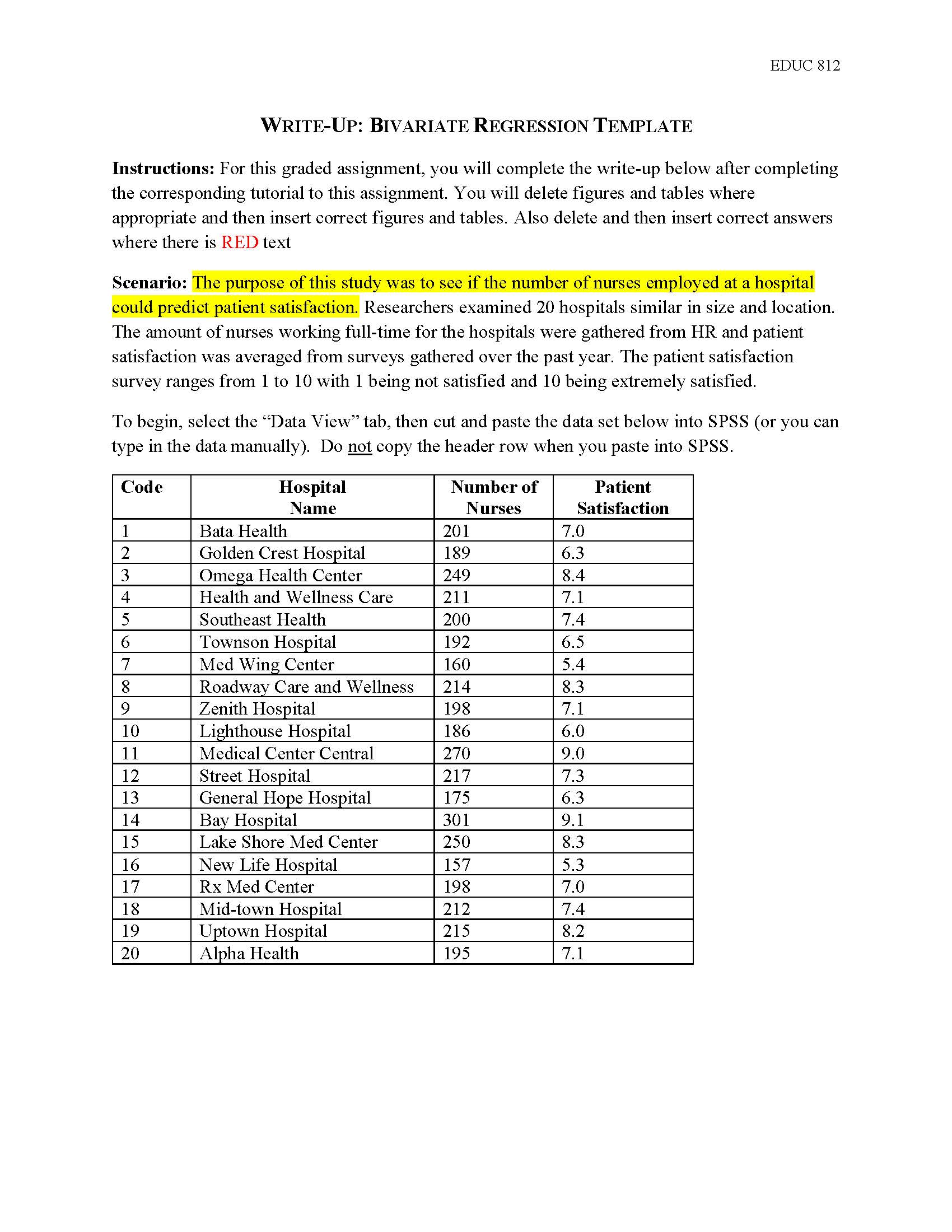  EDUC 8 l 2 WRITE-UP: BIVARIATE REGRESSION TENIPLATE Instructions: For this