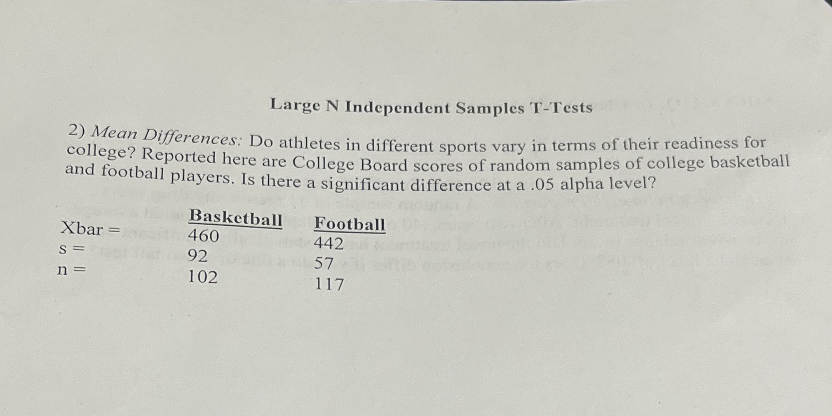  Large N Independent Samples T-Tests 2) Mean Differences: Do athletes in