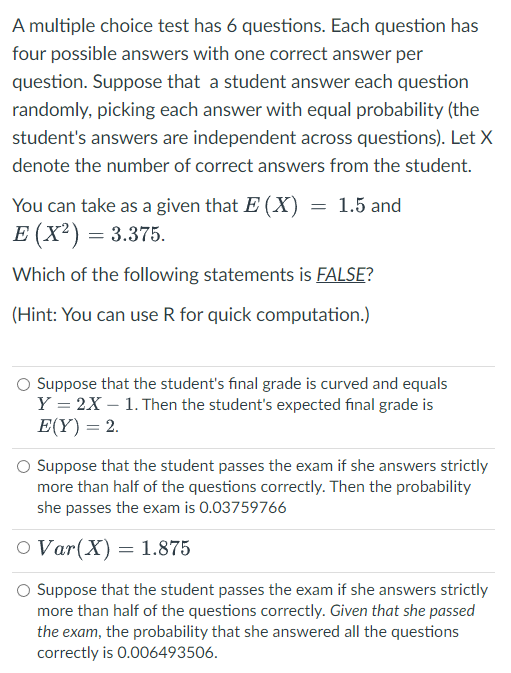 How do I answer this question? A multiple choice test has 6