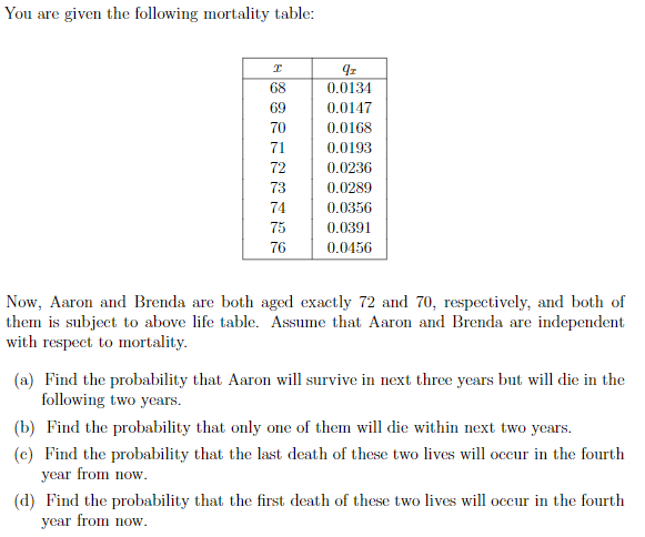You are given the following mortality table: 68 69 70 71 72