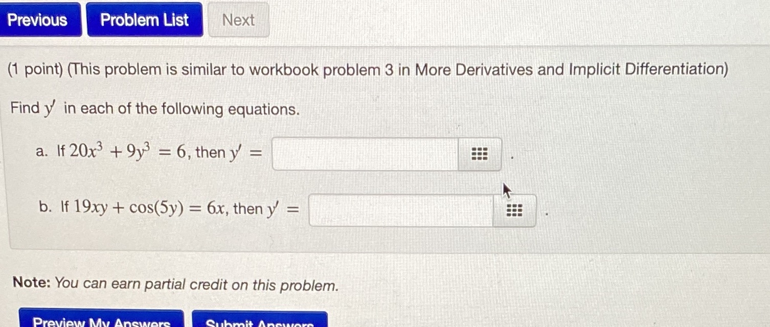  Previous Problem List Next (1 point) (This problem is similar to