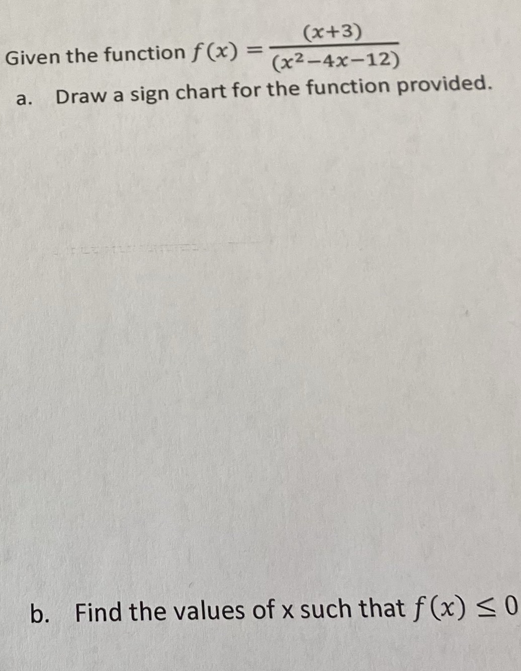  (x+ 3) Given the function f (x) = (x2-4x-12) a. Draw