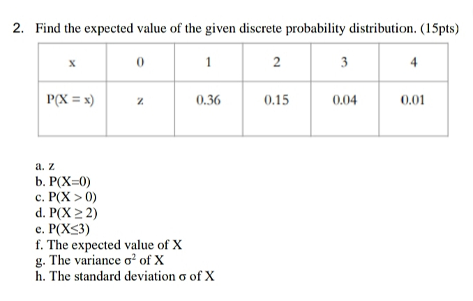 Type the answer.. then show the solution 2. Find the expected value