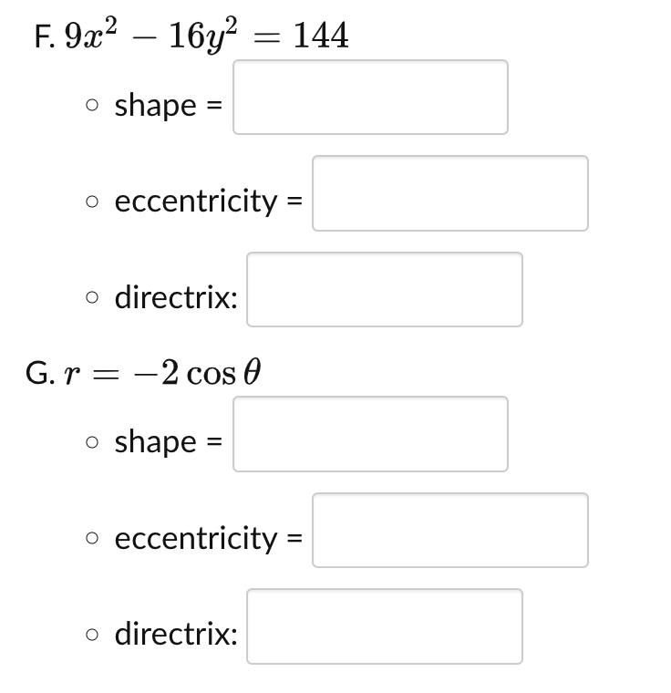 16y2 shape = 144 o o o o o o eccentricity =