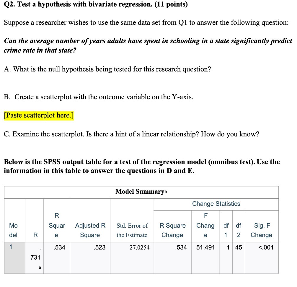  Q2. Test a hypothesis with bivariate regression. (1 1 points) Suppose