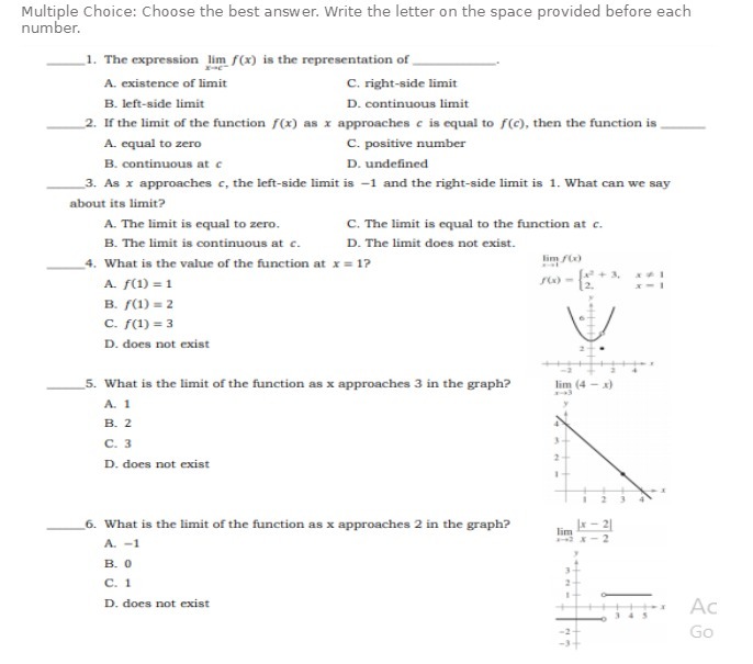 space provided before each number. 1. The expression lim /(x) is the