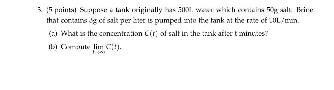 contains 3g of salt per liter is pumped into the tank at
