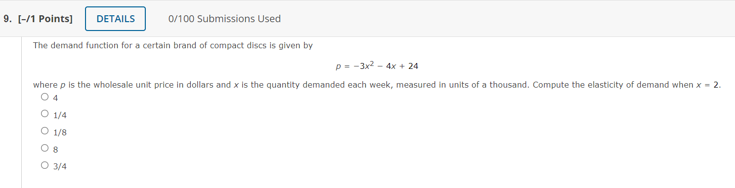 a certain brand of compact discs is given by p=3x24x+ 24 where